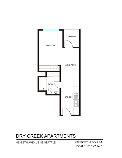 Floor plan for studio, 1 bath, 437 sqft